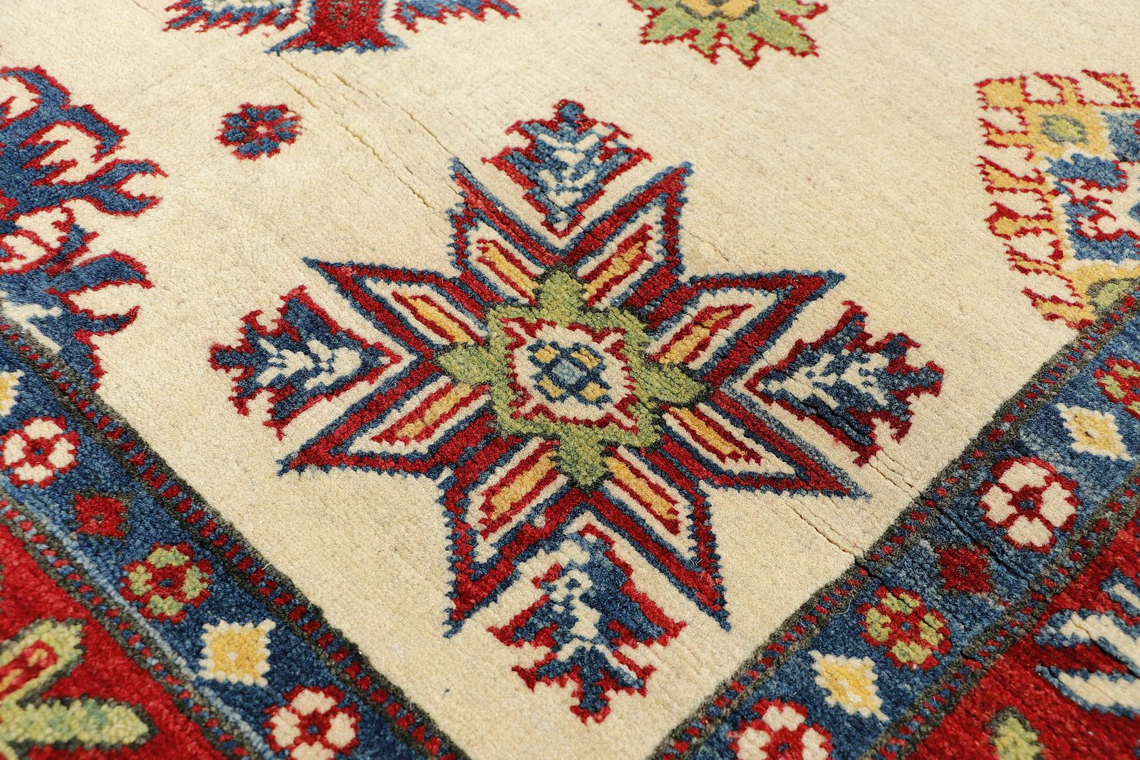 Kazak Ivory Red Hand Knotted Caucasian Geometric Rug photo Textiles