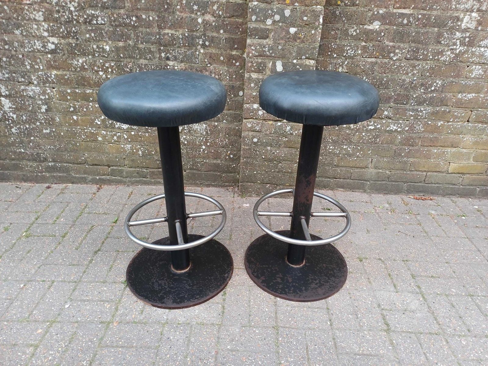 Pair Vintage Industrial Bar Stools 1970s 1980s Heavy Iron Swivel Seats Chrome Footrest Exceptional Quality 32 Kg Each