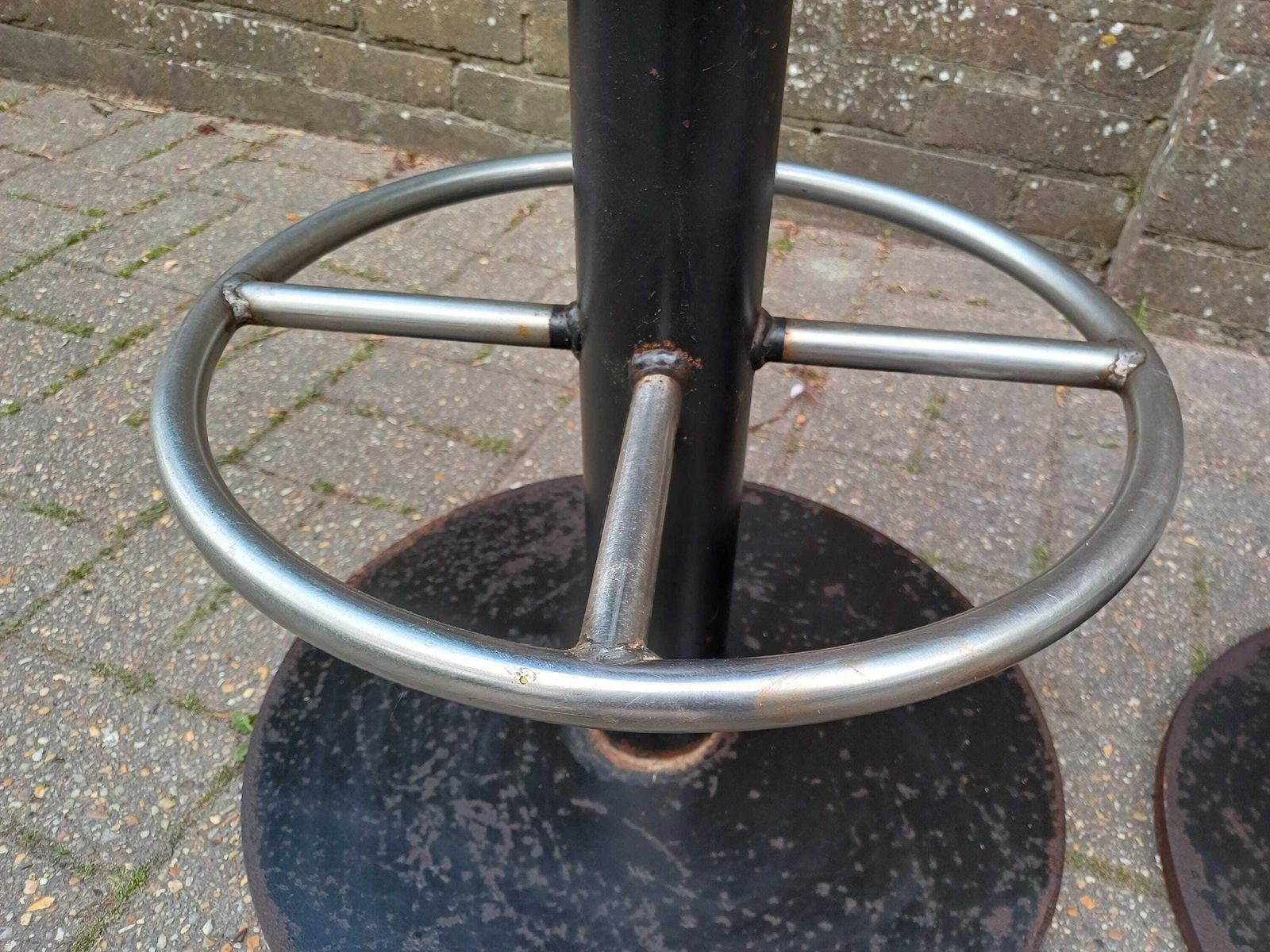 Pair Vintage Industrial Bar Stools 1970s 1980s Heavy Iron Swivel Seats Chrome Footrest Exceptional Quality 32 Kg Each photo Furniture