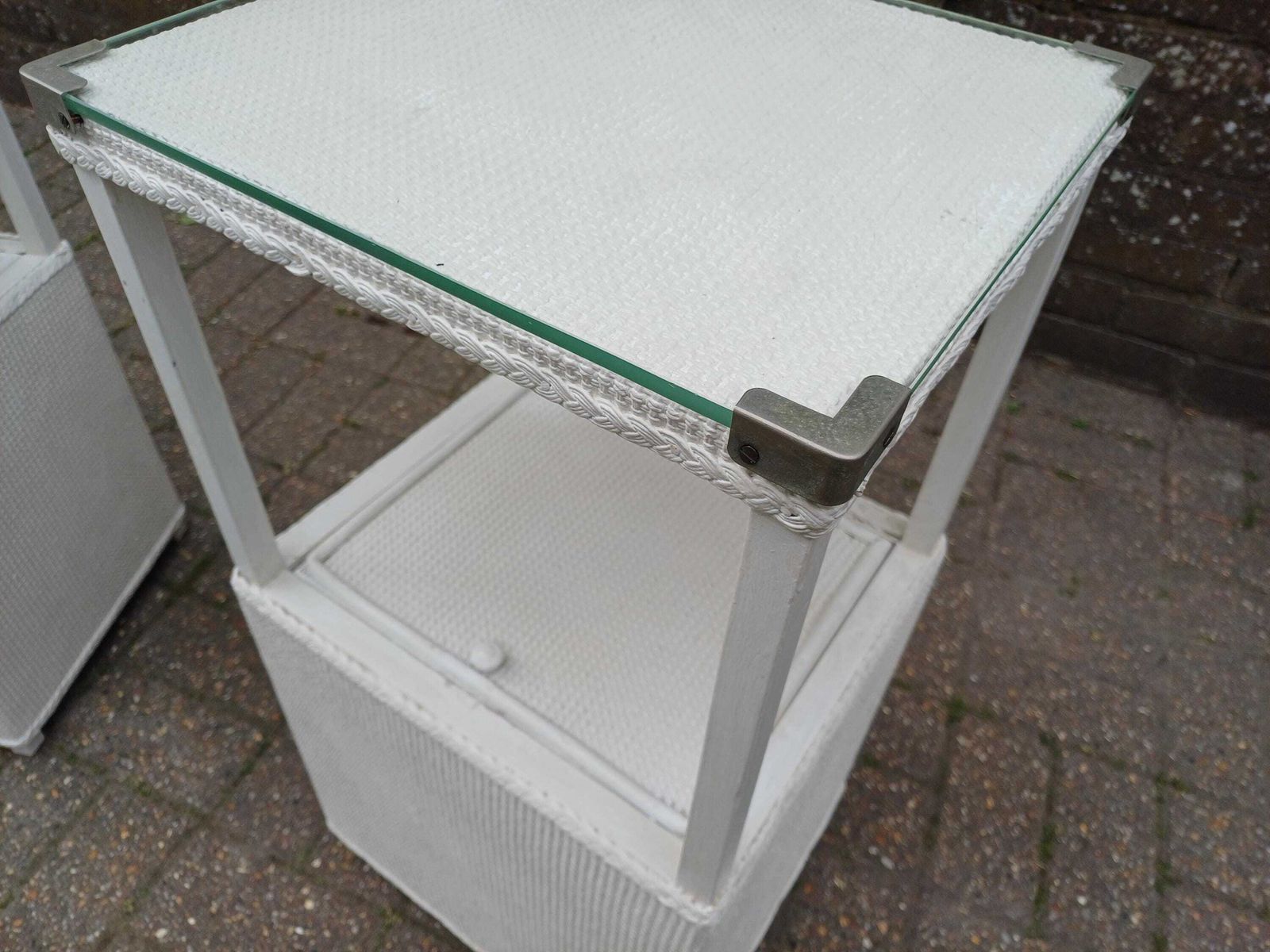 Pair Of Vintage White Bedside Cabinets Pair Glass Top Side Tables Wicker Storage Cupboards Unusual Lift Top Nightstands photo vinterior
