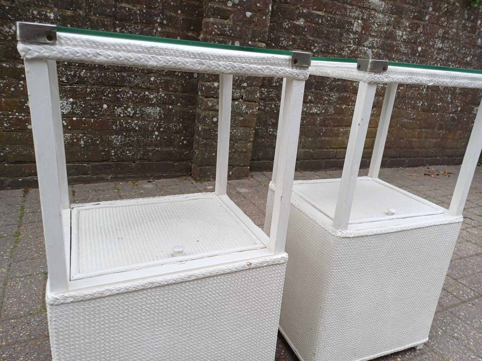 Pair Of Vintage White Bedside Cabinets Pair Glass Top Side Tables Wicker Storage Cupboards Unusual Lift Top Nightstands photo buy