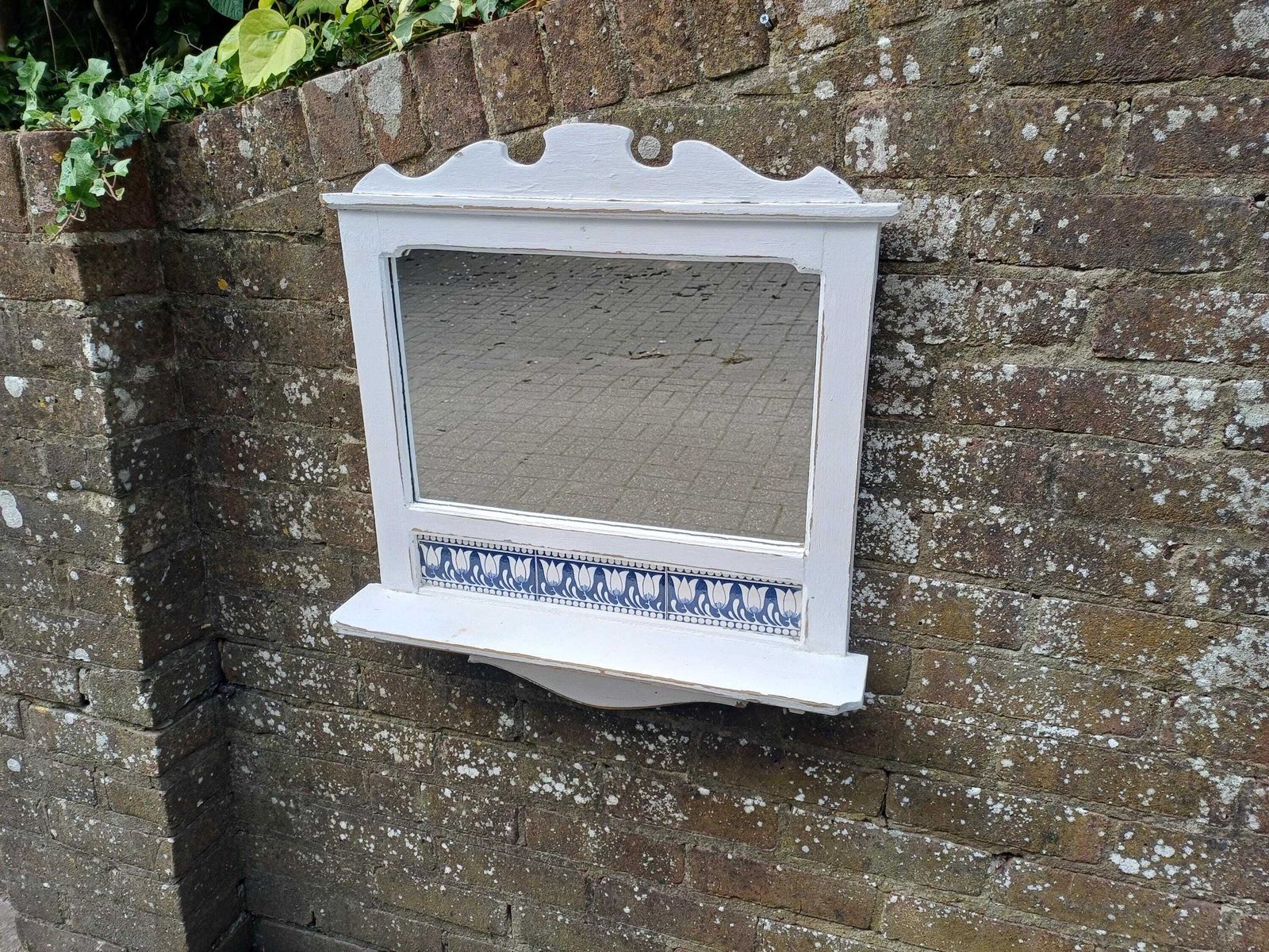 Vintage White Pine Wall Mirror Blue Tulip Tile Shelf Bathroom Hallway Kitchen Shabby Chic Rustic Farmhouse Decor