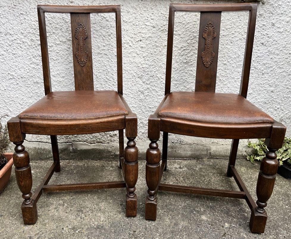 Pair Of Vintage Oak Dining Chairs Tudor Jacobean Farmhouse Carved Wooden Chairs