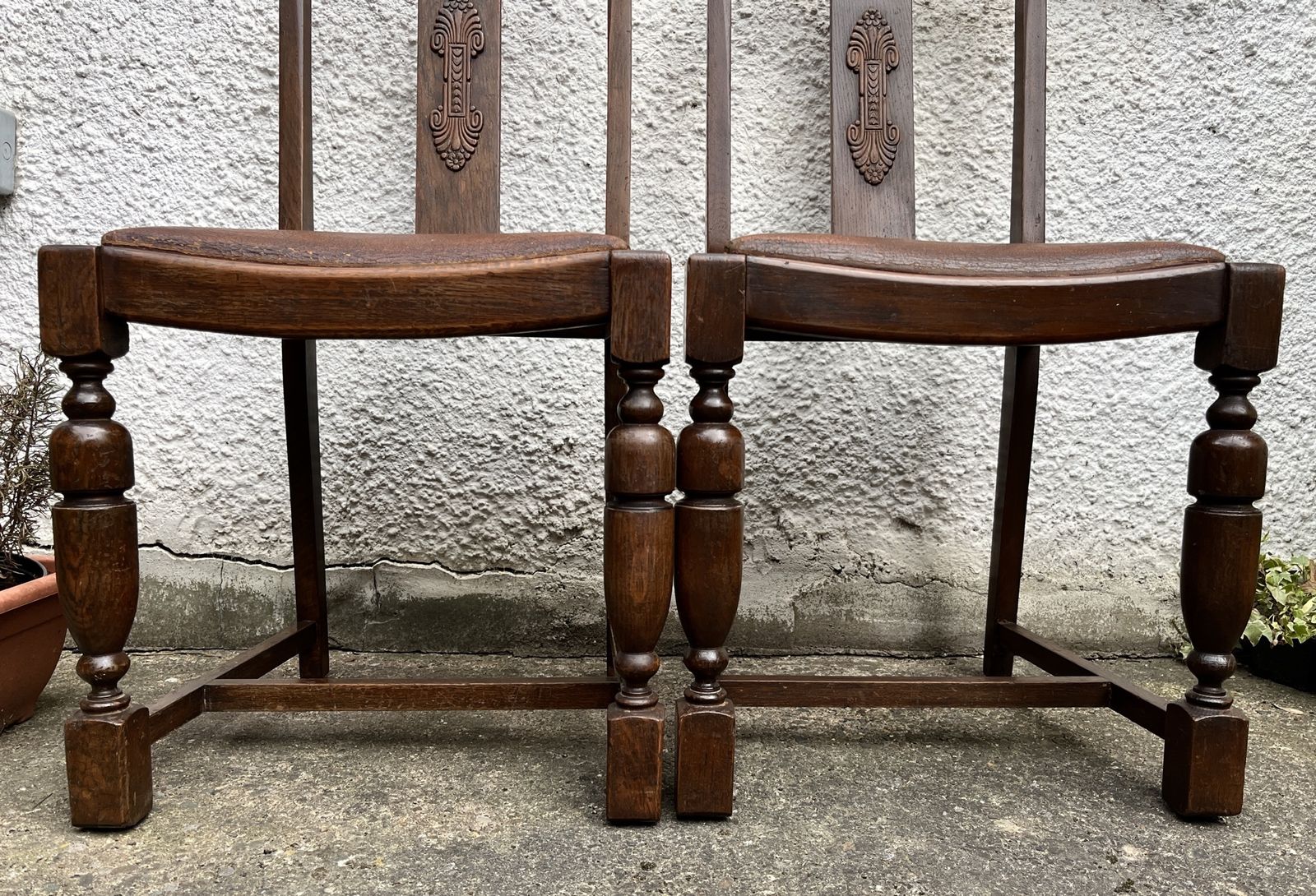 Pair Of Vintage Oak Dining Chairs Tudor Jacobean Farmhouse Carved Wooden Chairs photo for sale