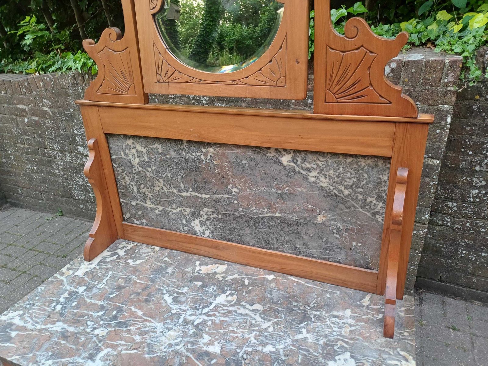 Antique Satinwood Washstand Dressing Table C1900 Marble Top Bevelled Mirror Art Nouveau Carved Vanity Cabinet On Castors photo buy