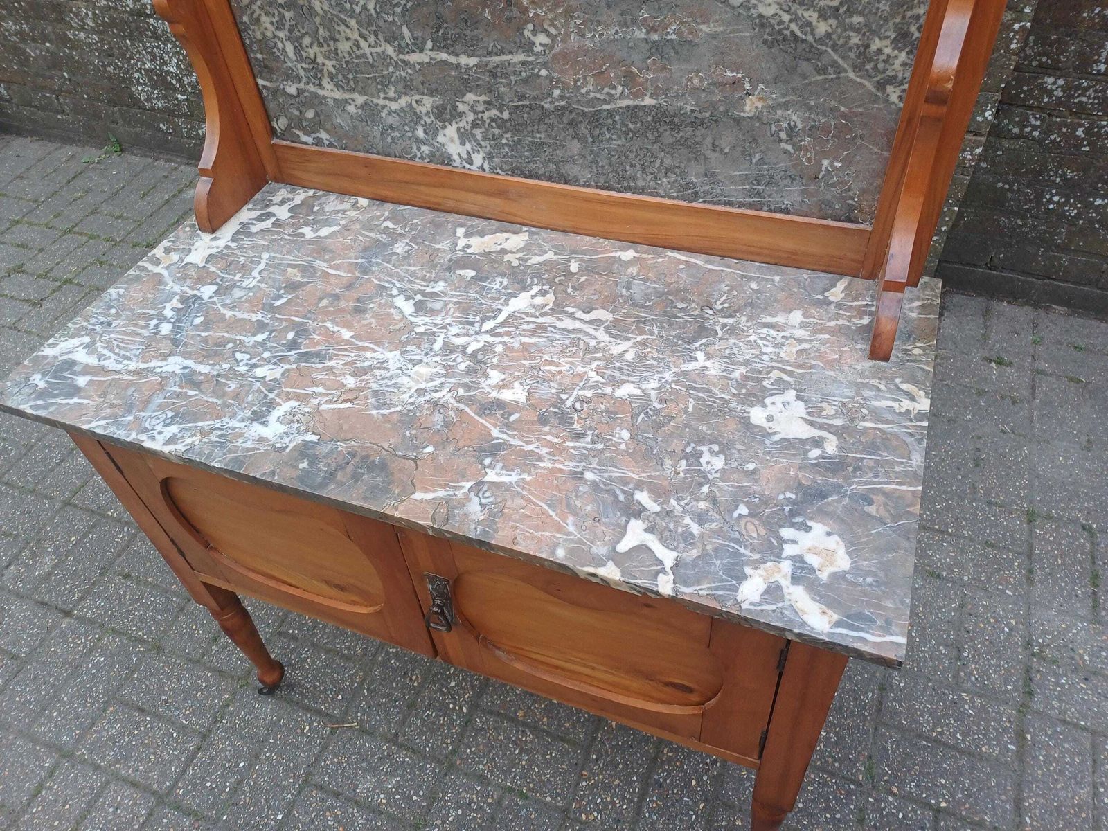 Antique Satinwood Washstand Dressing Table C1900 Marble Top Bevelled Mirror Art Nouveau Carved Vanity Cabinet On Castors photo vintage