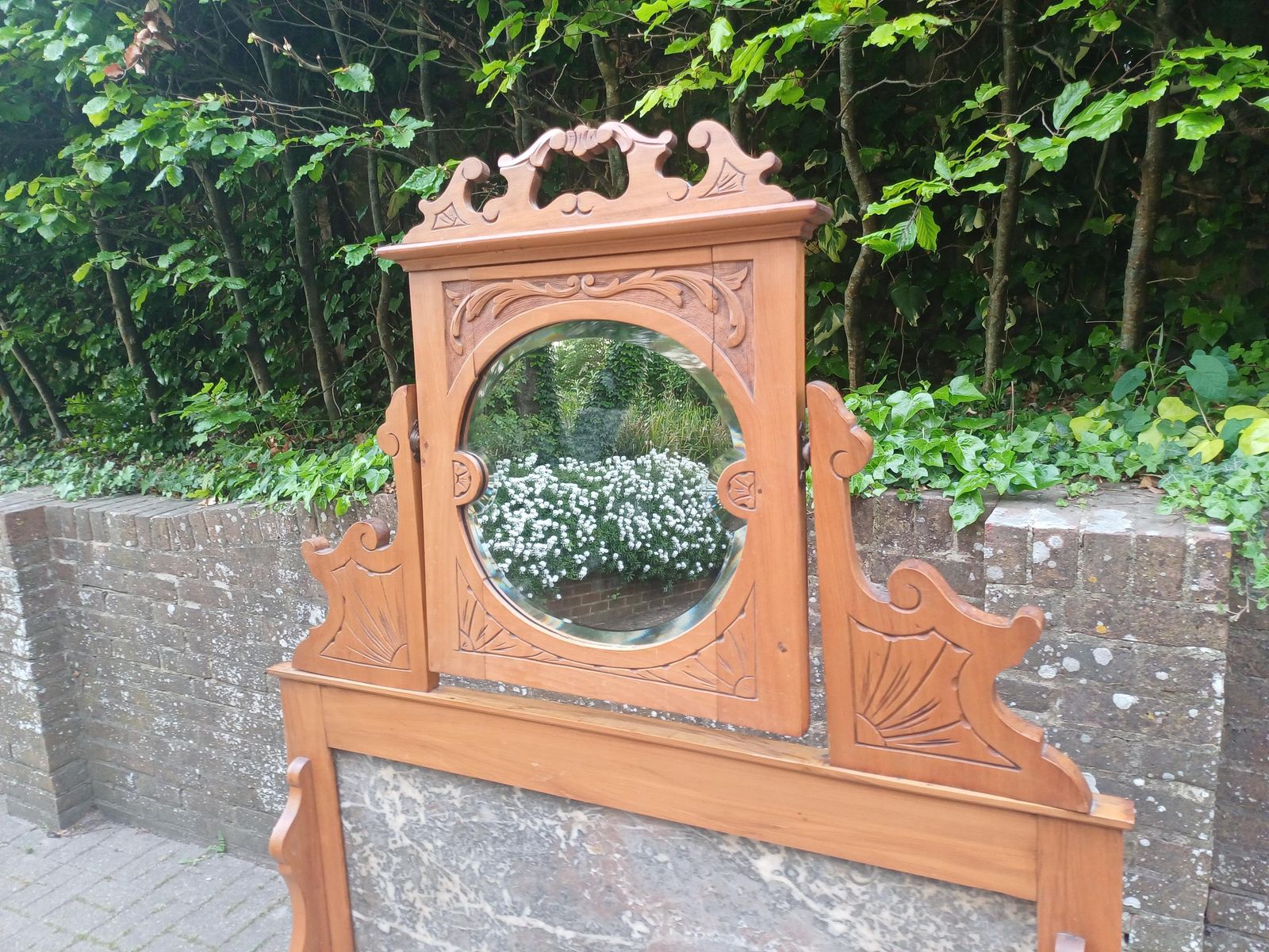 photo furniture Antique Satinwood Washstand Dressing Table C1900 Marble Top Bevelled Mirror Art Nouveau Carved Vanity Cabinet On Castors