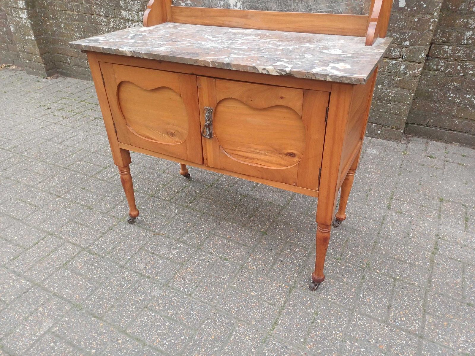 photo buy Antique Satinwood Washstand Dressing Table C1900 Marble Top Bevelled Mirror Art Nouveau Carved Vanity Cabinet On Castors