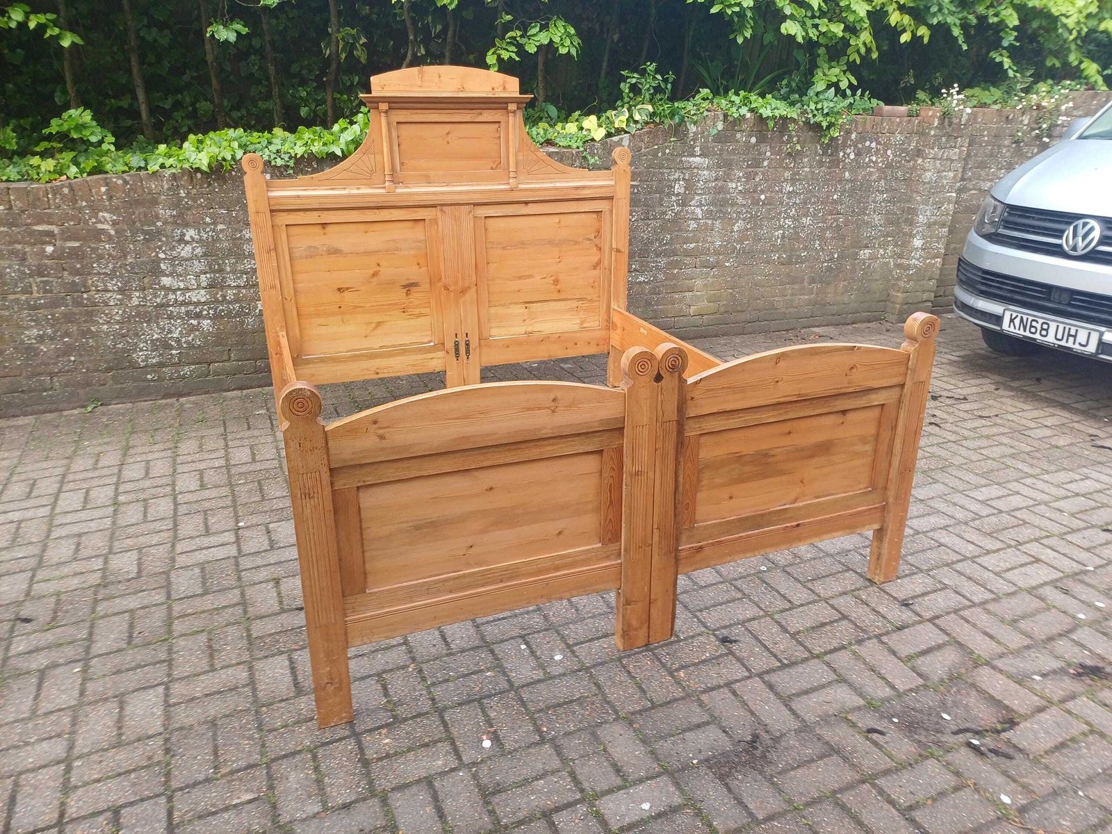 Antique French 5 Ft Plus Bed Pine Frame Project Bedstead Double Stripped Wood Ornate Headboard Diy Restoration Project photo vinterior