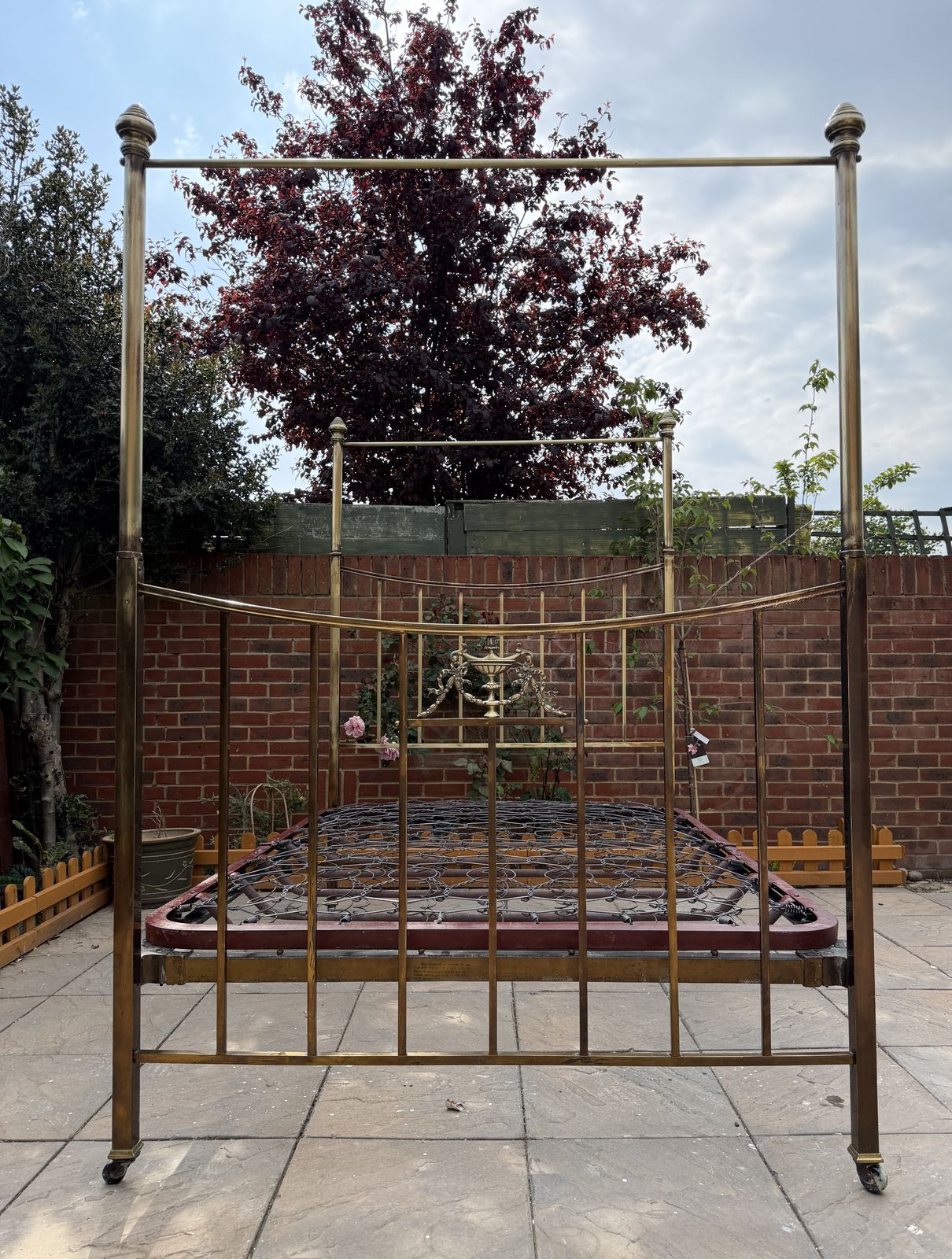 photo for sale Hoskins & Sewell Brass With Urn Ornate Four Poster Double Frame & Springs Base & Casters