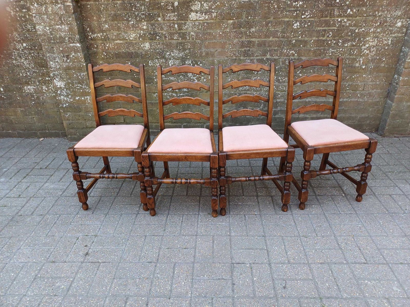 Vintage Ladder Back Dining Chairs Set Of 4 Rustic Farmhouse Kitchen Chairs Solid Oak Turned Legs Upholstered Seats