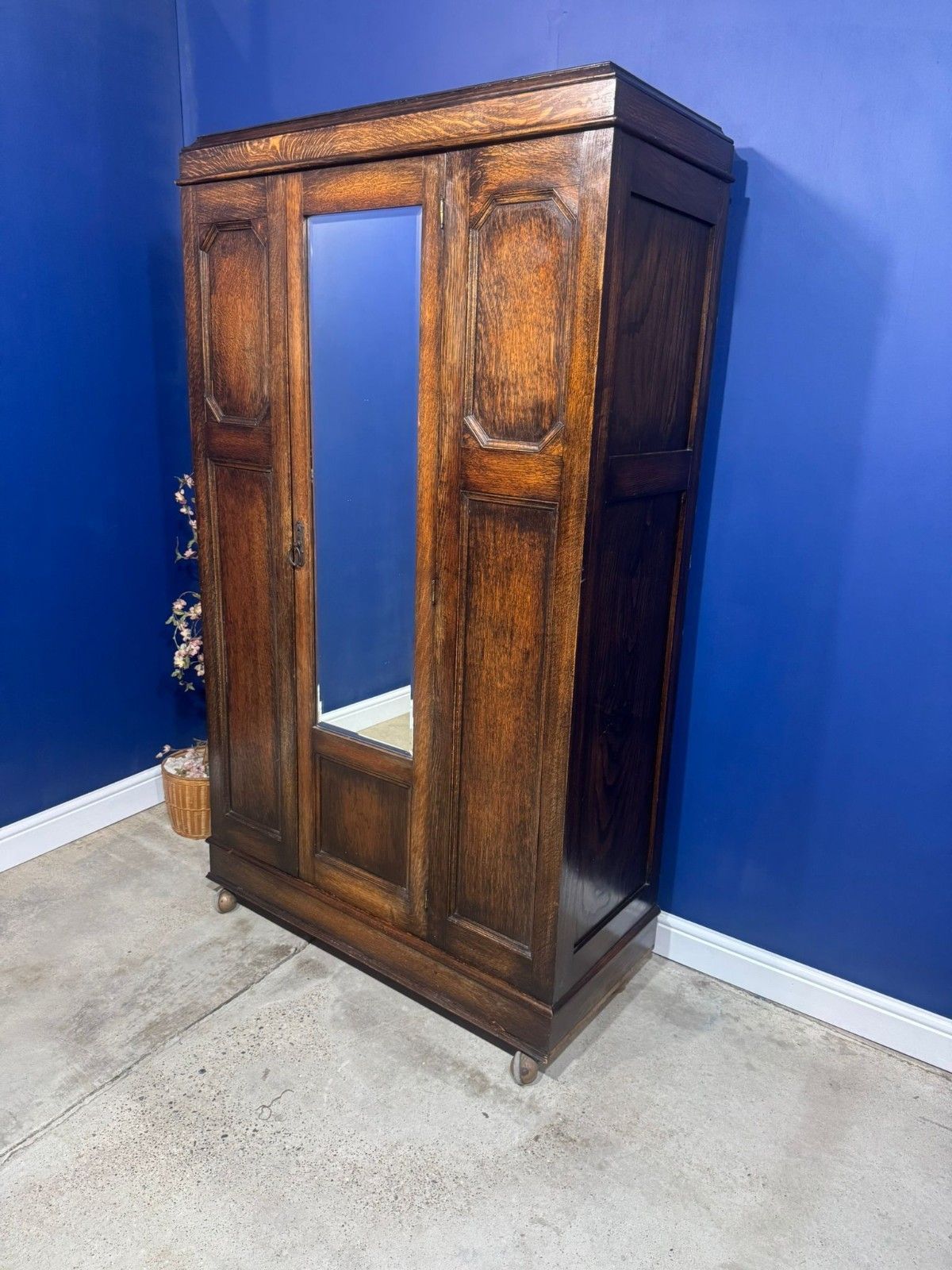 Edwardian Oak Mirrored Door Wardrobe Antique Vintage Sectional On Wheels. photo furniture