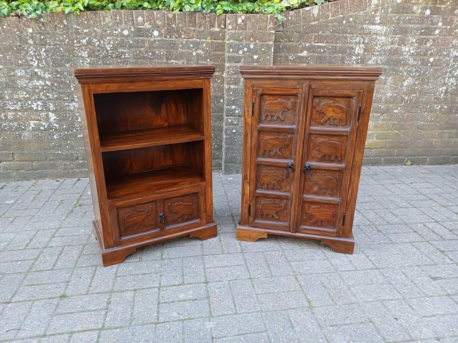 Pair Vintage Teak Elephant Cupboards Shelving Unit Drawer Cabinet Mid Century Storage Solid Wood Bedside Cabinets