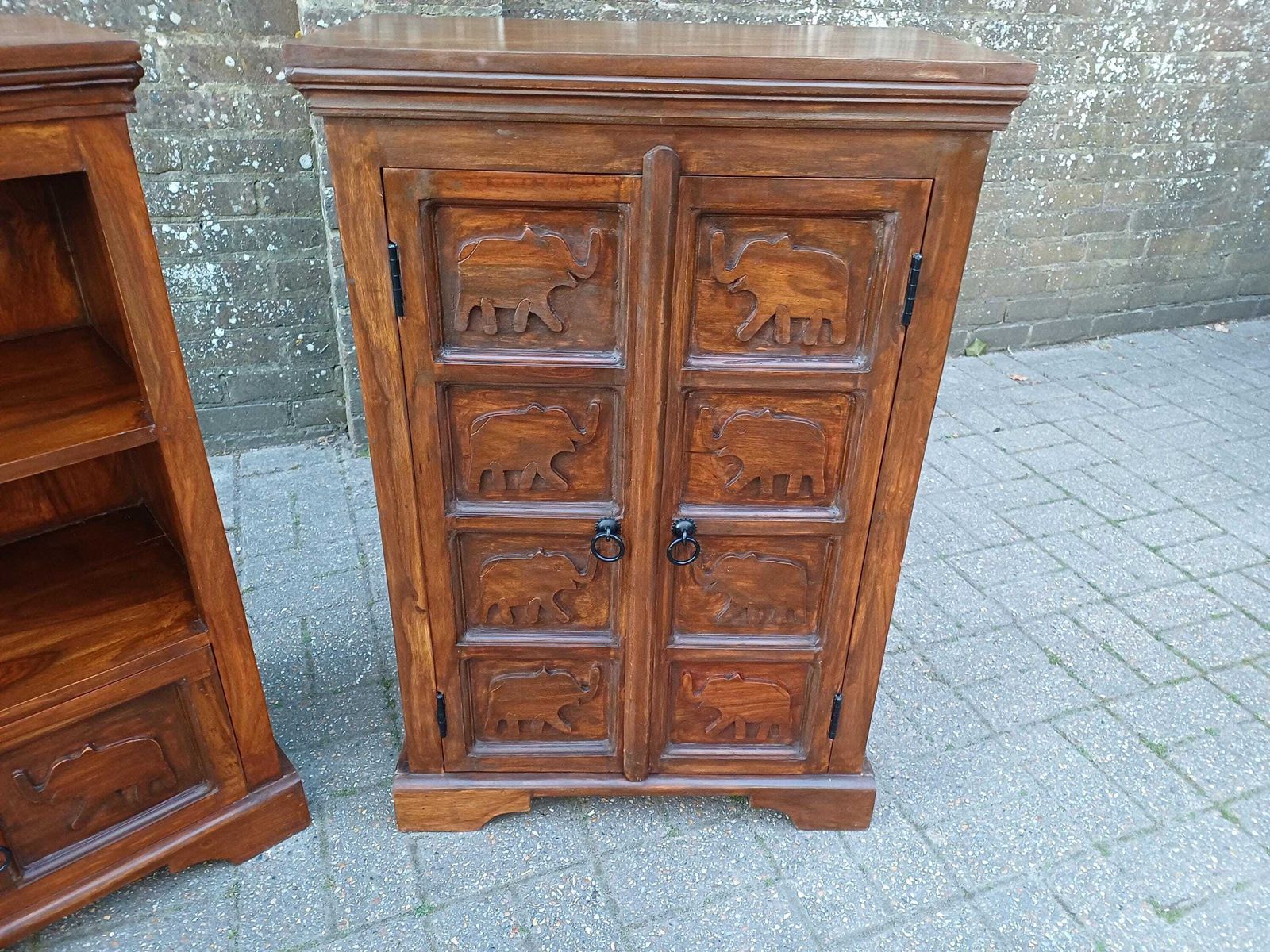 Pair Vintage Teak Elephant Cupboards Shelving Unit Drawer Cabinet Mid Century Storage Solid Wood Bedside Cabinets photo Furniture