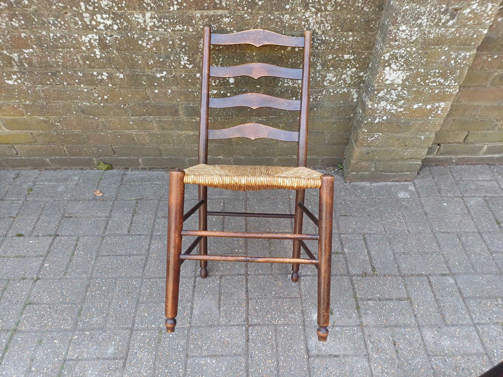 Pair Antique Victorian Rush Seat Ladder Back Chairs Beech Mahogany Country Kitchen Dining Chairs Woven Seat Rustic photo for sale