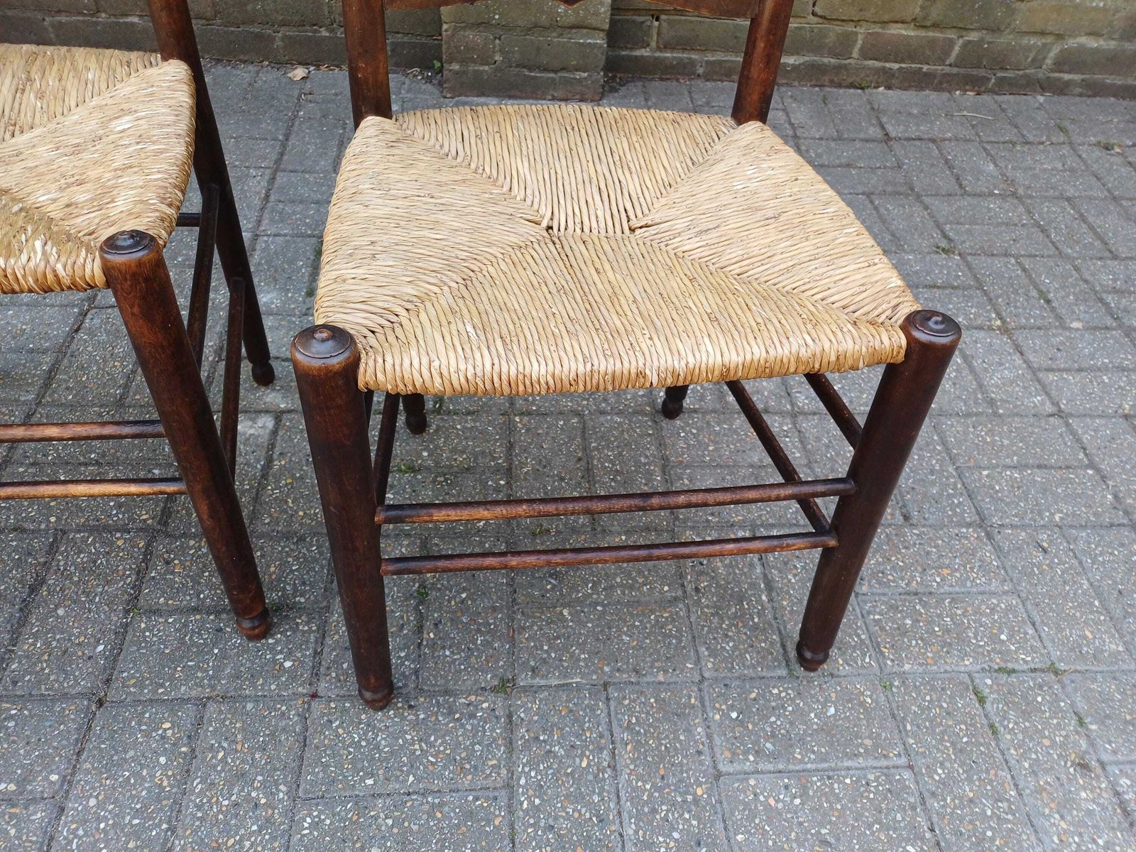 Pair Antique Victorian Rush Seat Ladder Back Chairs Beech Mahogany Country Kitchen Dining Chairs Woven Seat Rustic photo vinterior