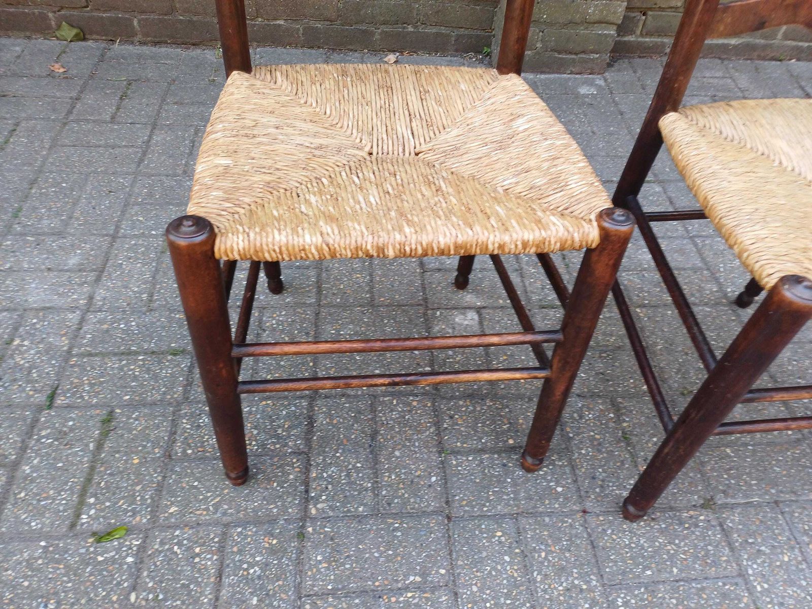 photo furniture Pair Antique Victorian Rush Seat Ladder Back Chairs Beech Mahogany Country Kitchen Dining Chairs Woven Seat Rustic