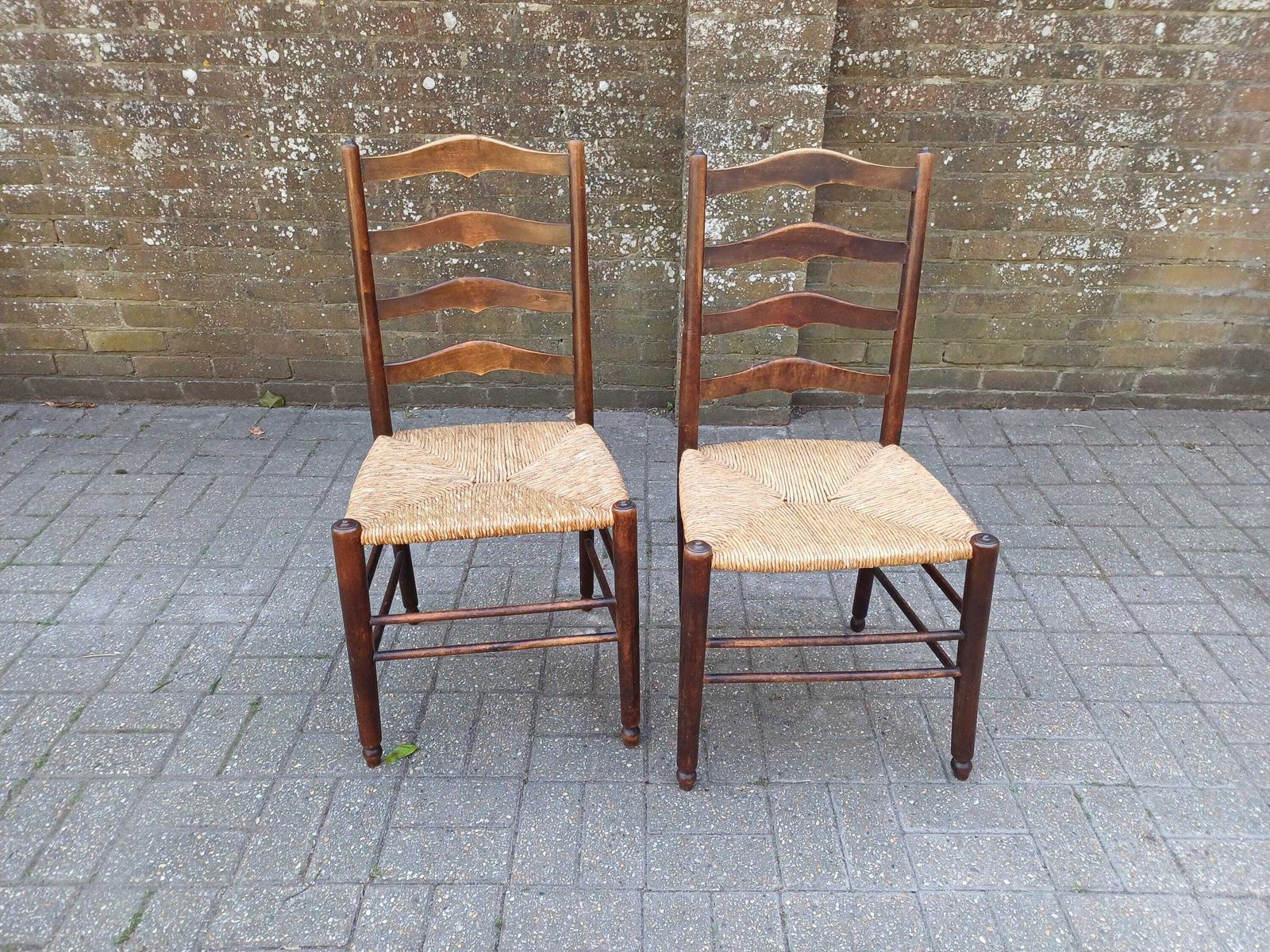 photo for sale Pair Antique Victorian Rush Seat Ladder Back Chairs Beech Mahogany Country Kitchen Dining Chairs Woven Seat Rustic