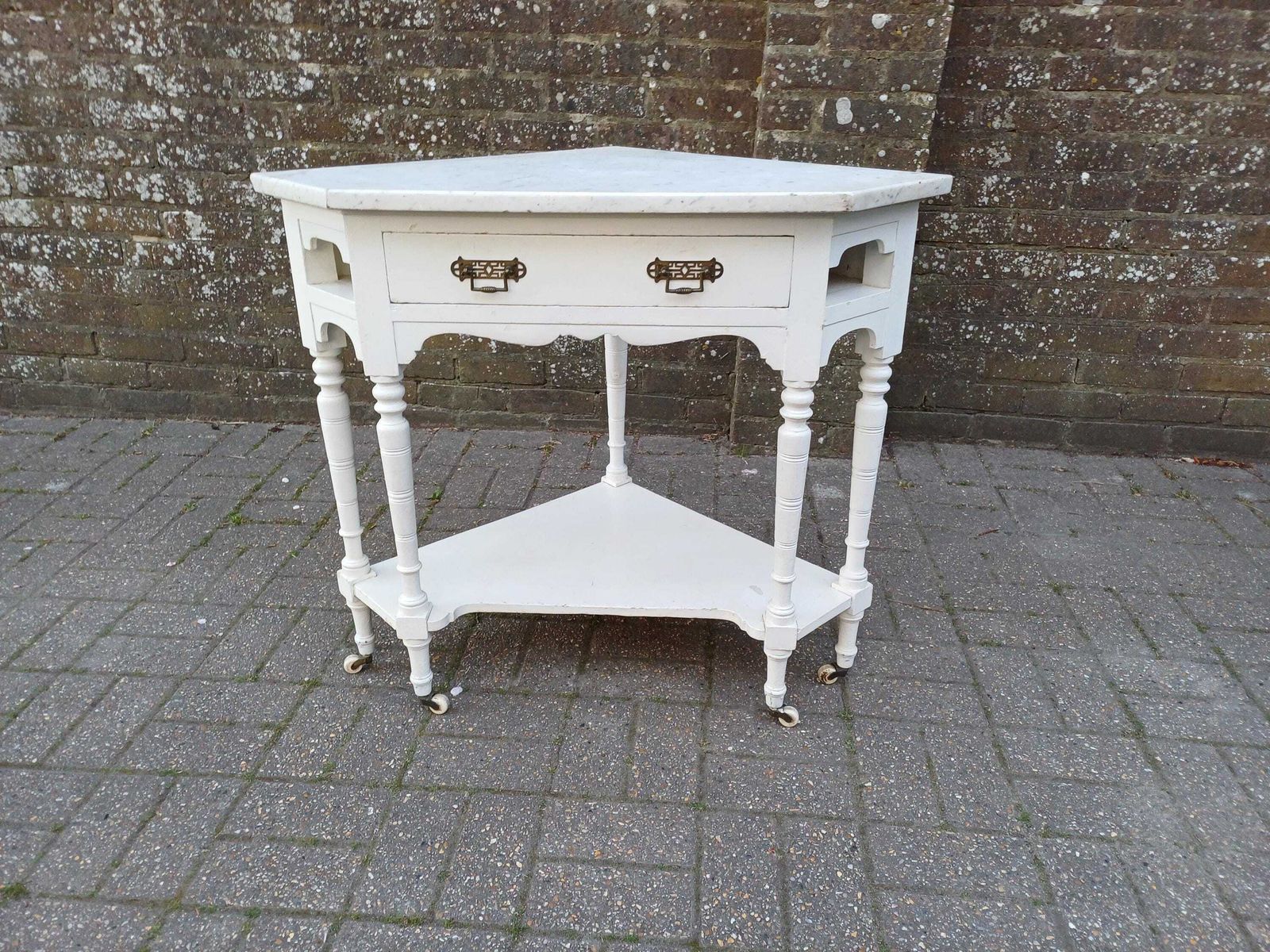 Victorian Marble Top Washstand Painted Antique Side Table Cupboard Storage Brass Handles Turned Legs photo vinterior