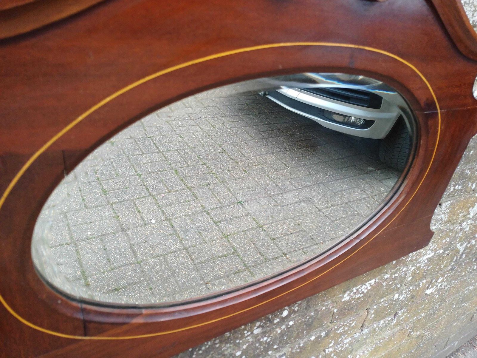 photo for sale Shaped Antique Mahogany Wall Mirror With Inlaid Stringing, Bevelled Glass, Decorative Cornice