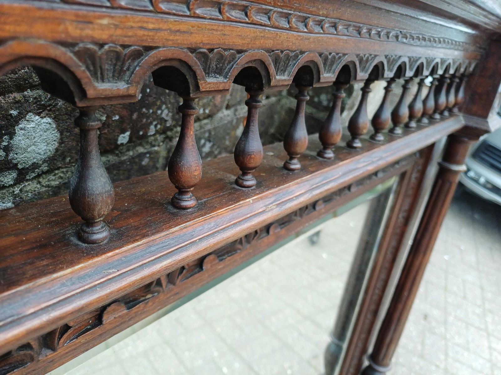 Antique French Over Mantel Mirror Carved Oak Ornate Wall Mirror Bevelled Glass Decorative Pediment Columns photo furniture