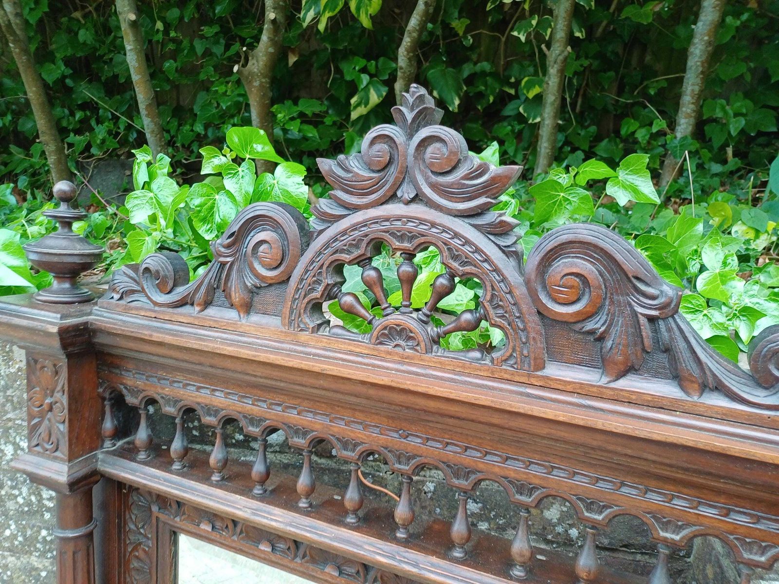 Antique French Over Mantel Mirror Carved Oak Ornate Wall Mirror Bevelled Glass Decorative Pediment Columns photo vinterior
