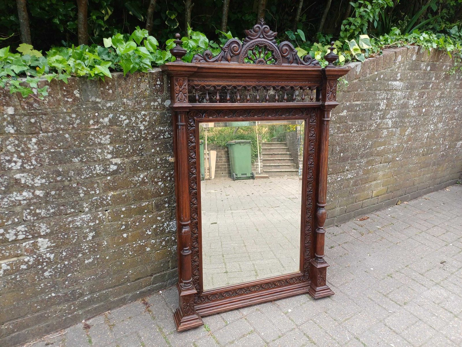 photo furniture Antique French Over Mantel Mirror Carved Oak Ornate Wall Mirror Bevelled Glass Decorative Pediment Columns