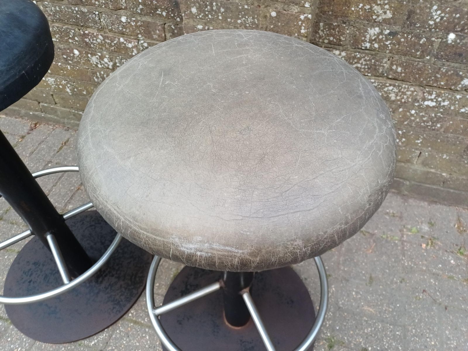 Pair Vintage Industrial Bar Stools 1970s 1980s Heavy Iron Swivel Seats Chrome Footrest Exceptional Quality 32 Kg Each photo Furniture