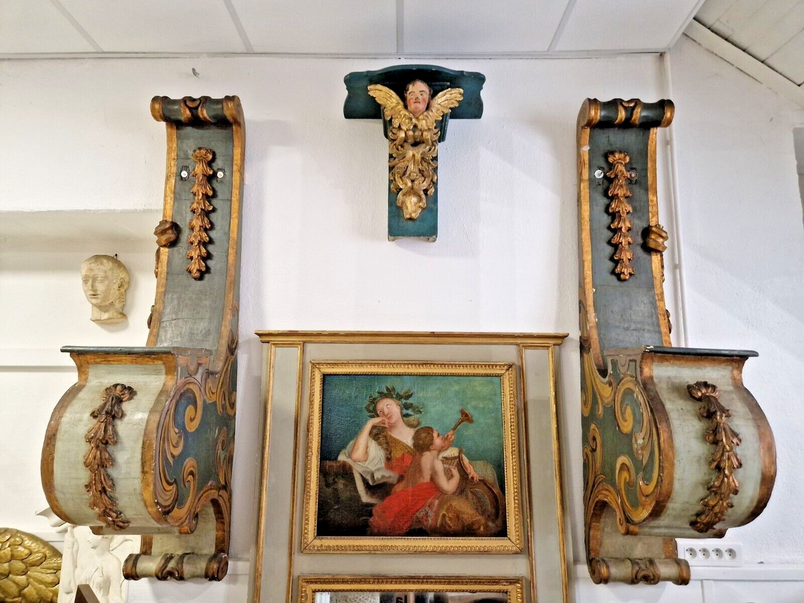 Pair Of 18th Century Giltwood Corbels Antique Italian Rococo Carved Wood Shelves photo furniture