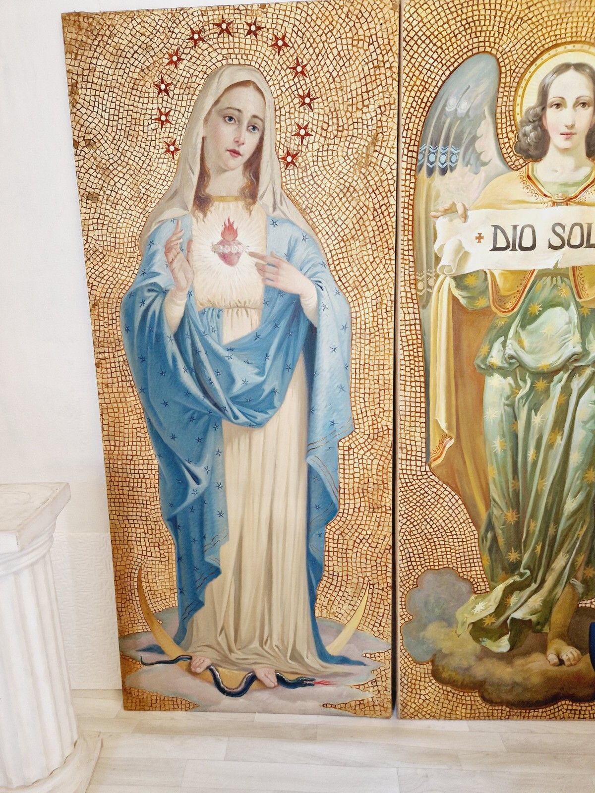 2800.0 Large Antique Italian Religious Triptych Oil Painting Saints Madonna Christ photo