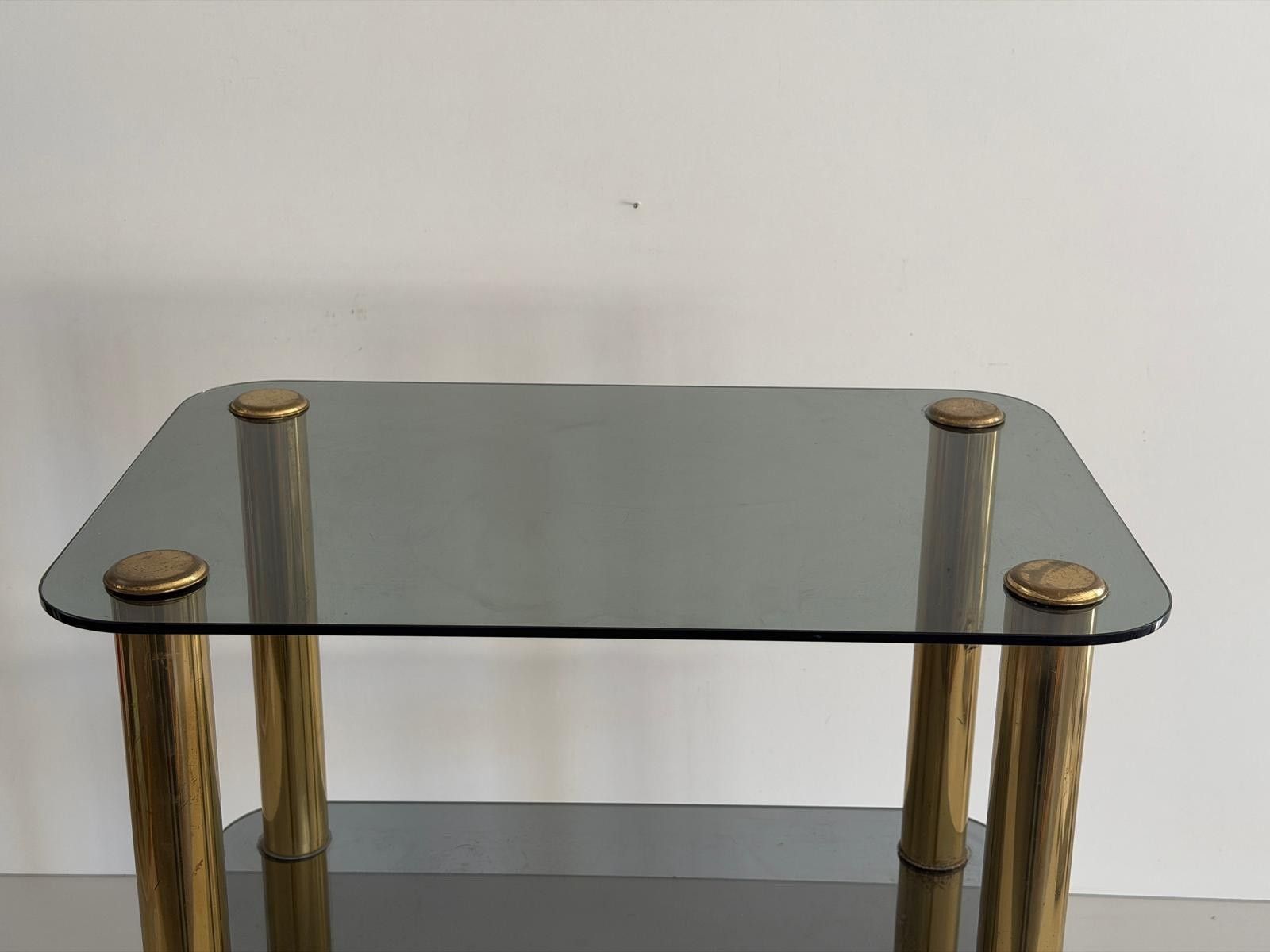 Mid Century Modern Greenish Thick Glass And Brass Legs Side Table, 1960s, Italy photo vinterior