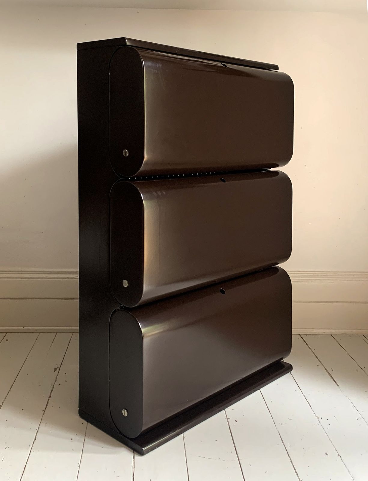Vintage 1960s Italian Shoe Rack Cabinet, Dark Brown Lacquer Mid Century   Attributed To Carlo Di Carli & Fiarm