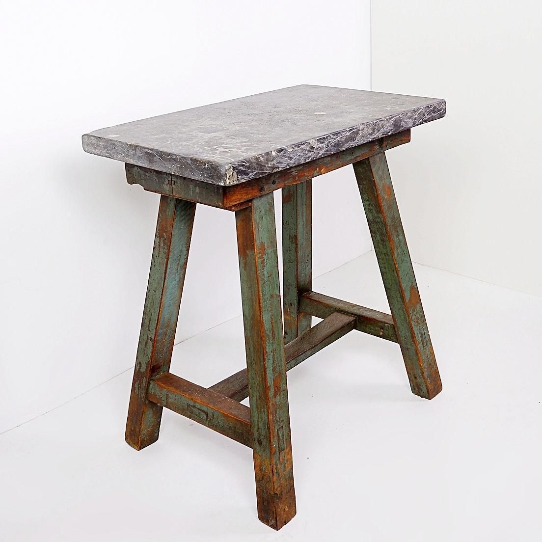 Industrial Console/Table Bluestone Top And Green Weathered Wood   20th photo for sale