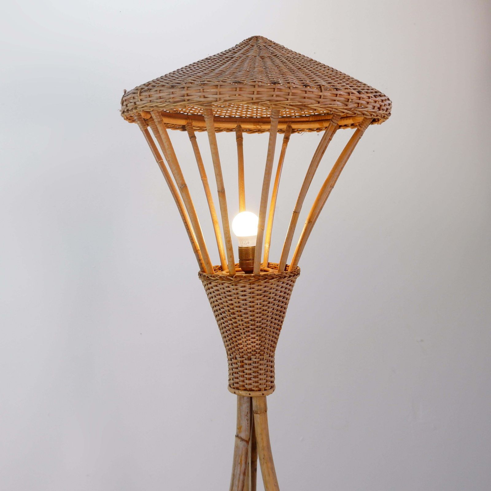 Mid Century Rattan Floor Lamp, Tripod Design, Bohemian Style, 1950s photo for sale