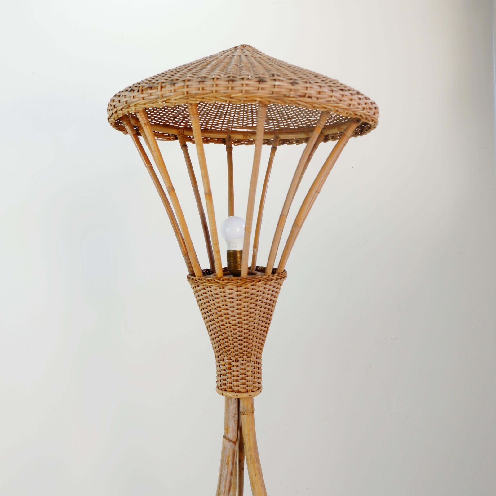 photo vinterior Mid Century Rattan Floor Lamp, Tripod Design, Bohemian Style, 1950s