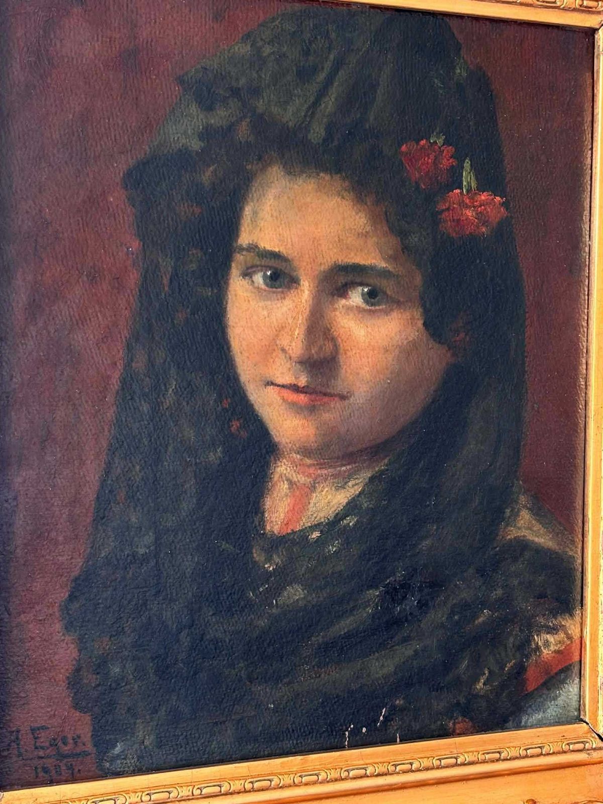 Antique 1904 Portrait Painting Signed Agnes Eger, Original Oil Painting With Ornate Gold Frame, Victorian Style Art, Moody Dark Painting photo for sale