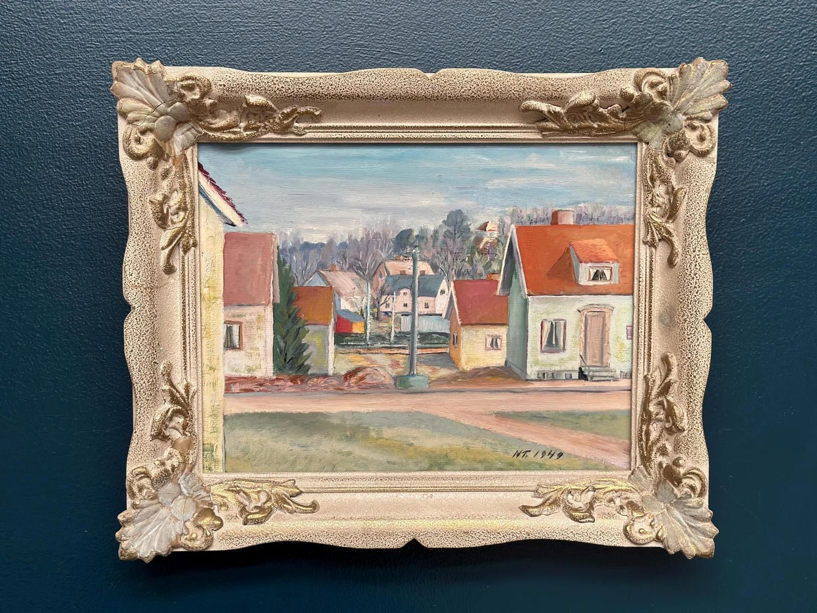 Original| Mid Century Oil On Canvas – “Village Street With Houses” By N.T. – Dated 1949 – Vintage & Framed – 37 × 44 Cm (14.6" × 17.3") photo for sale