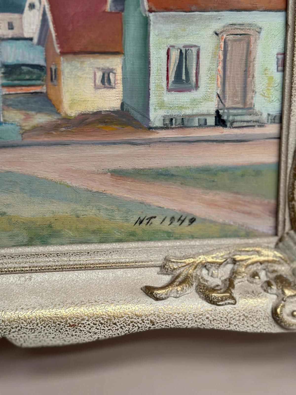 Original| Mid Century Oil On Canvas – “Village Street With Houses” By N.T. – Dated 1949 – Vintage & Framed – 37 × 44 Cm (14.6" × 17.3") photo buy