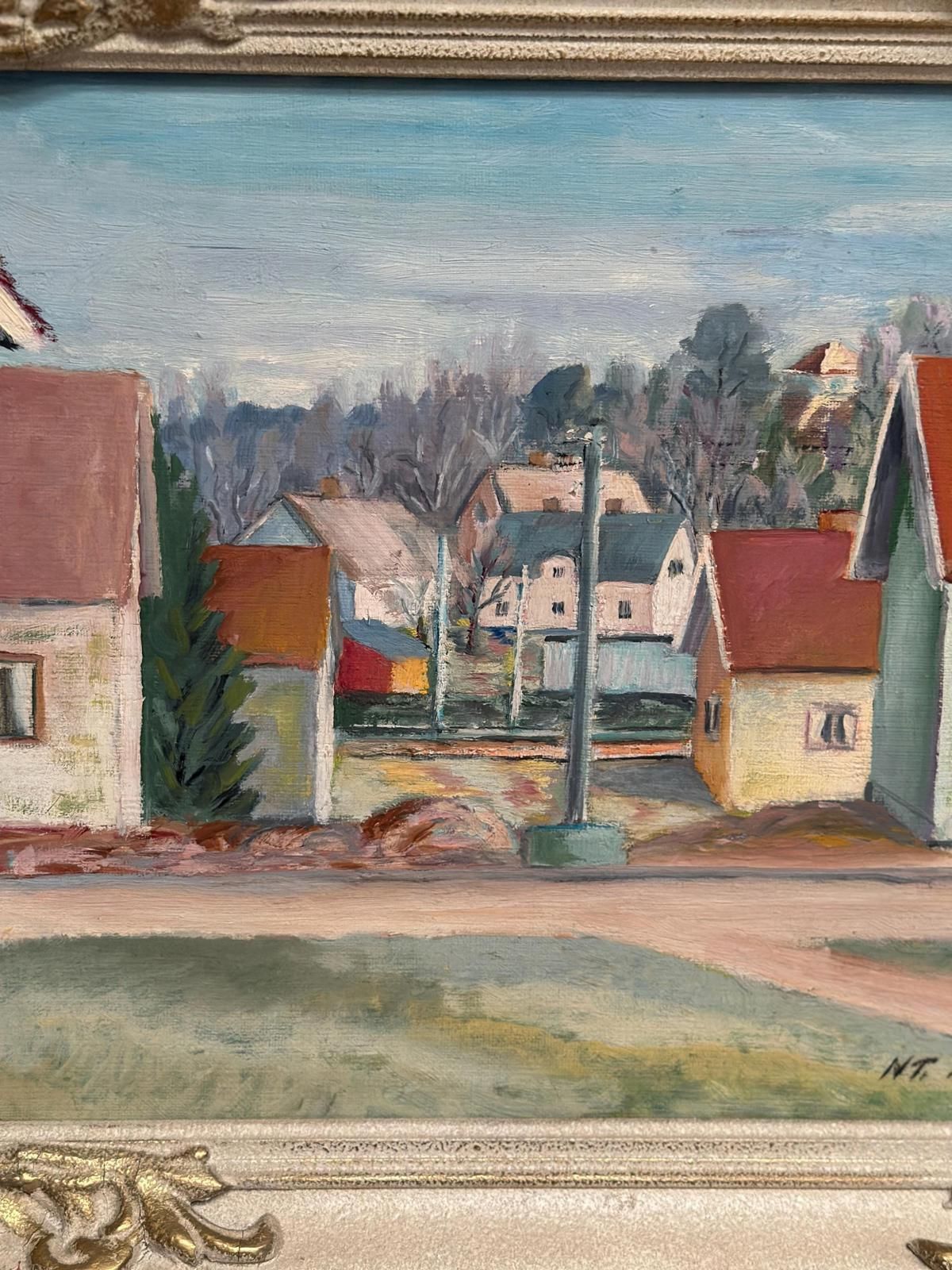photo buy Original| Mid Century Oil On Canvas – “Village Street With Houses” By N.T. – Dated 1949 – Vintage & Framed – 37 × 44 Cm (14.6" × 17.3")