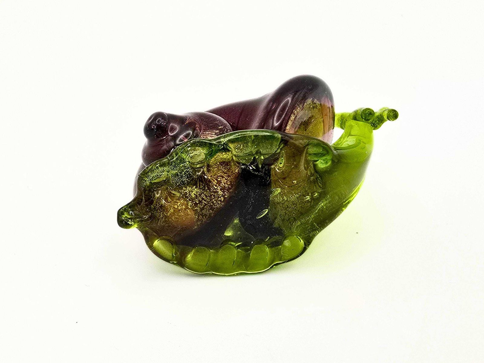 Murano Glass Snail   Purple Aventurine Shell, Green Body   Italian Unusual Glass Animal Figurine photo vinterior