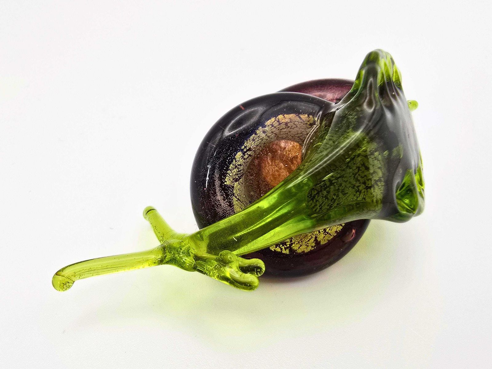 Murano Glass Snail   Purple Aventurine Shell, Green Body   Italian Unusual Glass Animal Figurine photo vintage