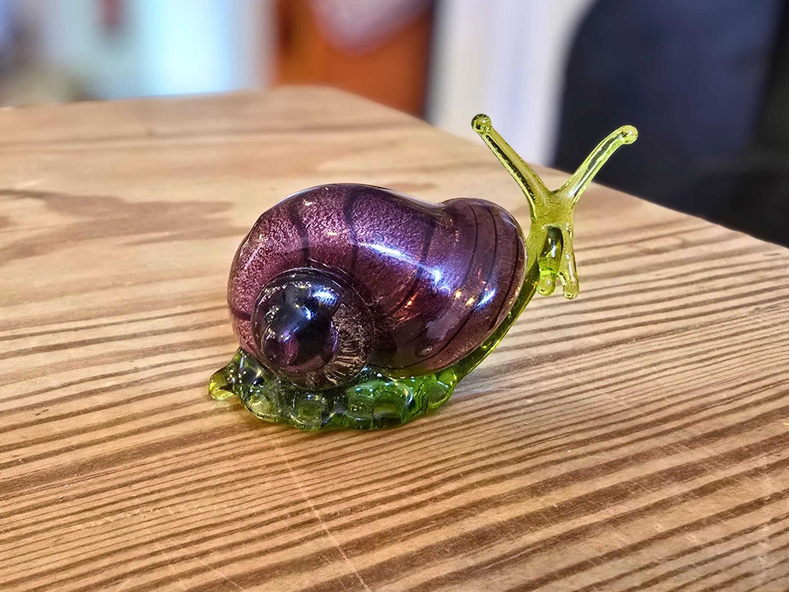 55.0 Murano Glass Snail   Purple Aventurine Shell, Green Body   Italian Unusual Glass Animal Figurine photo