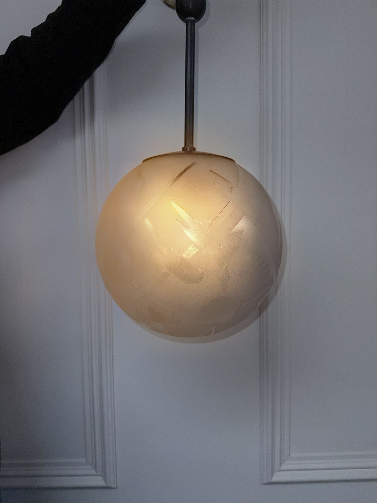 photo for sale 1930s Deveau French Art Deco Frosted Glass And Bronze Ceiling Lamp