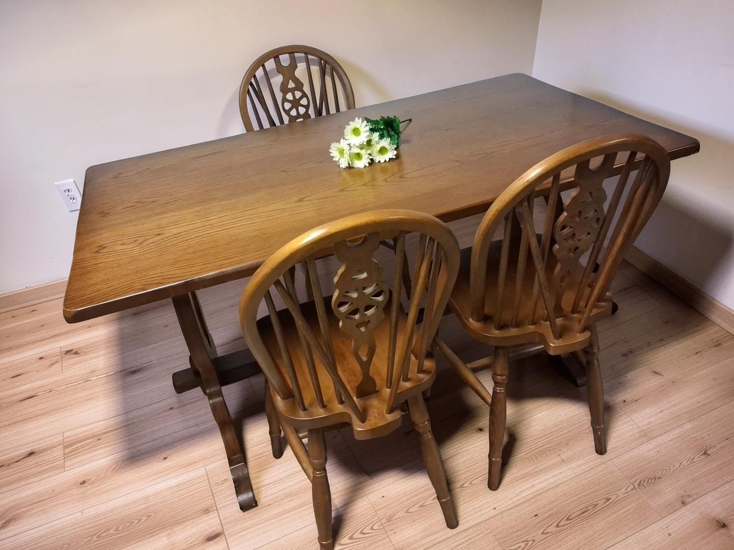 Vintage Priory Styled Country Table With 3 Wheelback Chairs