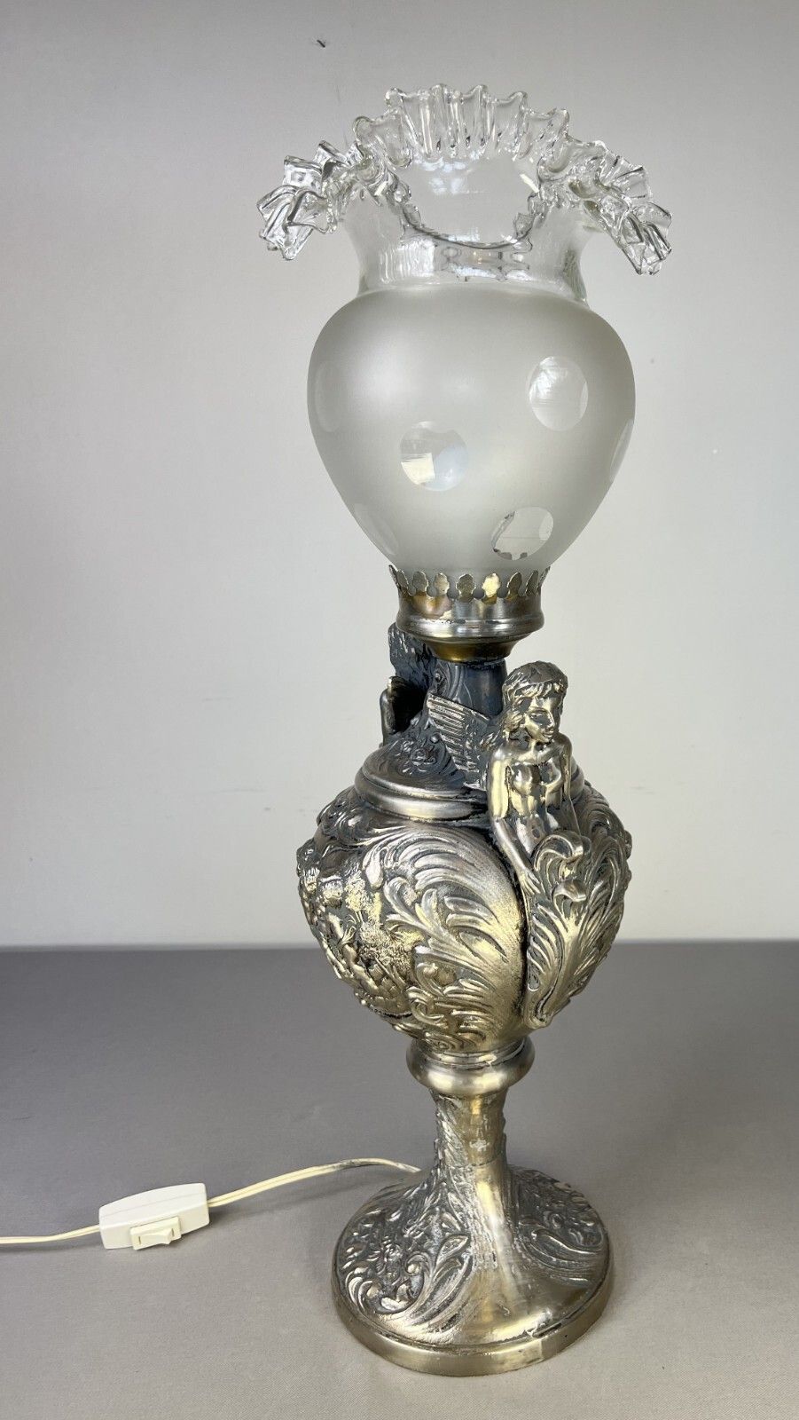 Lamp Antique Style Pewter Angel Table Lamp Pleated Glass Shade Lot 5169 photo furniture
