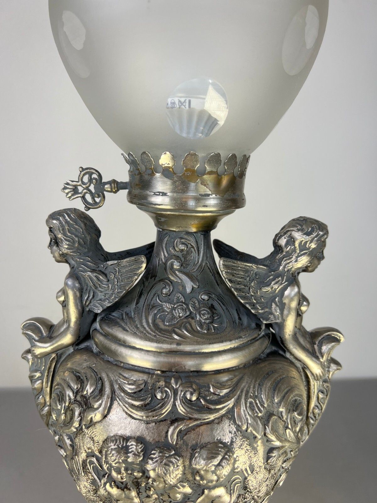 photo furniture Lamp Antique Style Pewter Angel Table Lamp Pleated Glass Shade Lot 5169