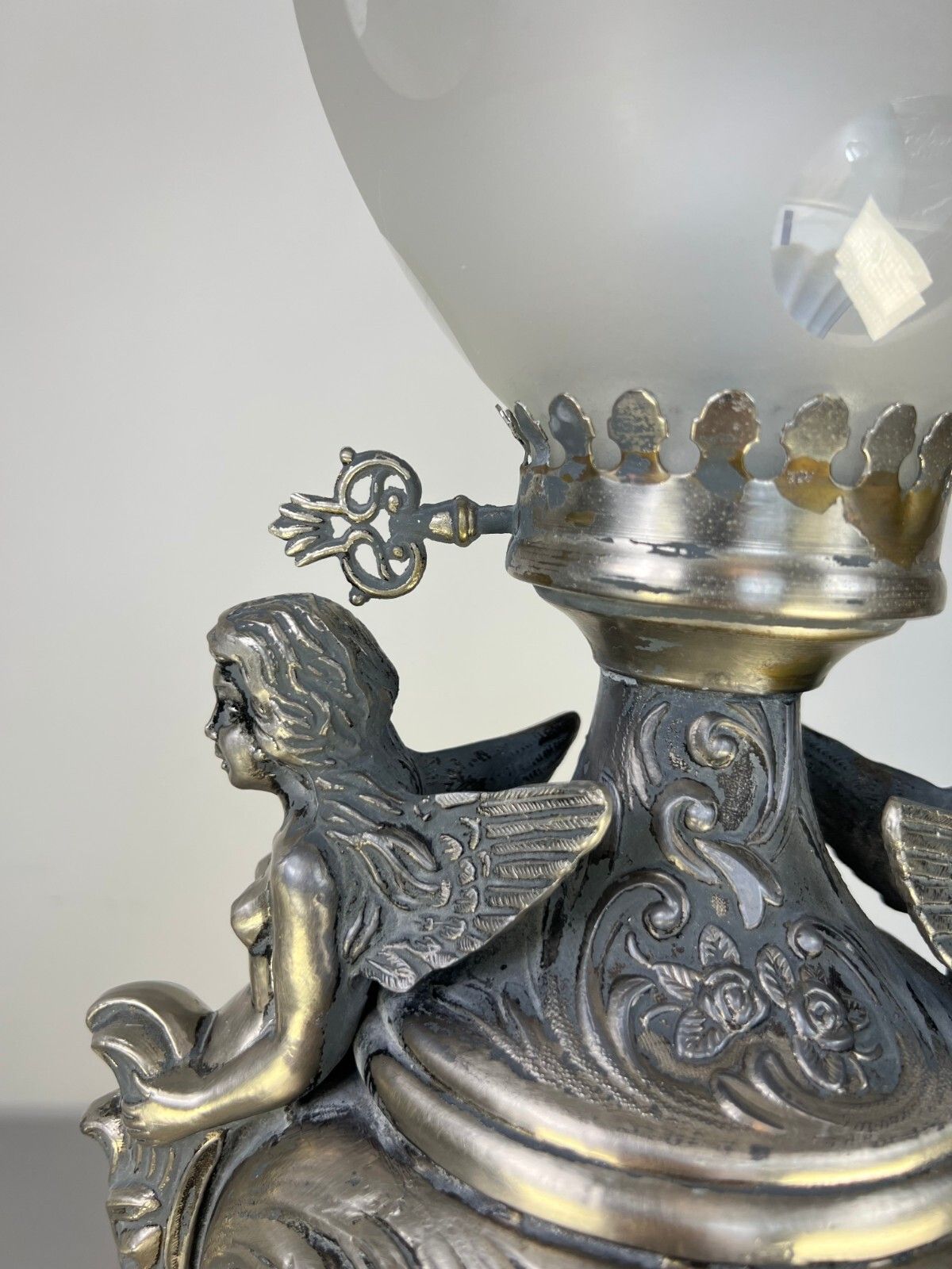 249.0 Lamp Antique Style Pewter Angel Table Lamp Pleated Glass Shade Lot 5169 photo