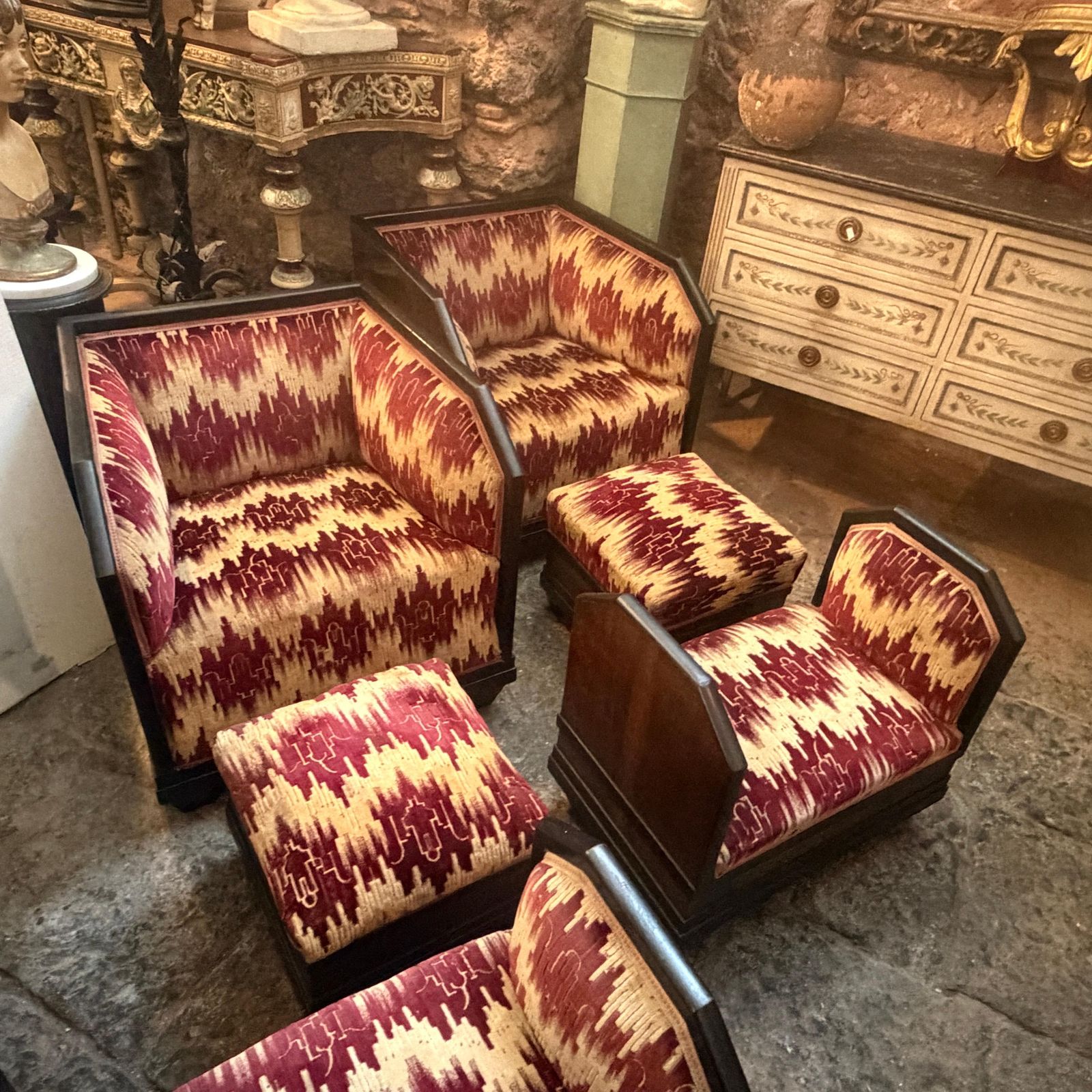 An Italian 1930s Wood And Original Fabric 6 Pieces Living Room Set photo vintage