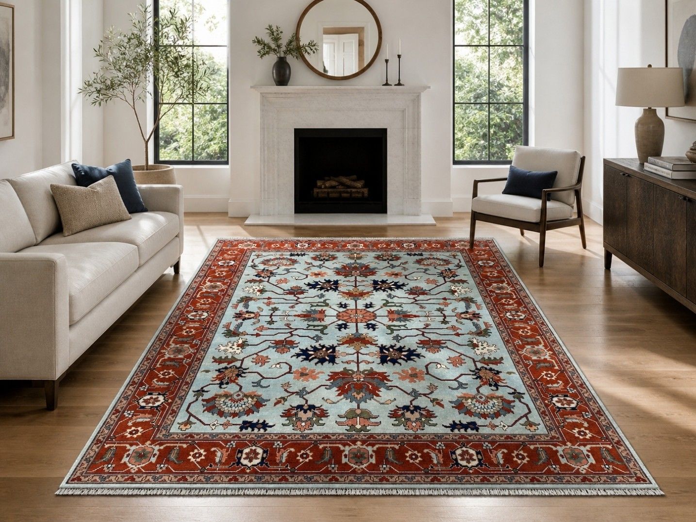 8x10 Ft Hand Knotted Oushak Area Rug For Living Room, Blue Floral Design Carpet
