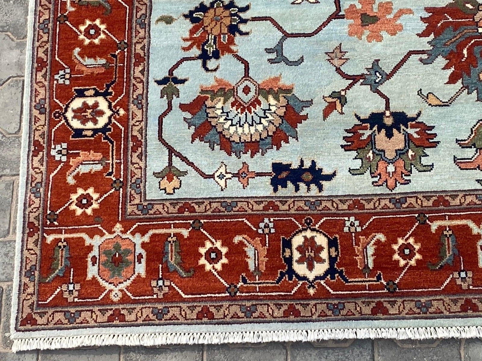 Tapis Oushak noué à la main 245 x 305 cm pour salon, motif floral bleu photo Textiles